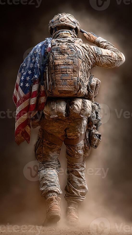 Soldier saluting with an American flag draped in a dusty environment during a moment of remembrance photo