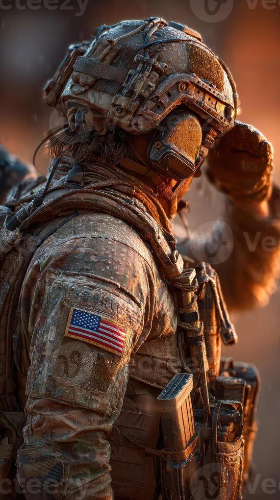 Soldier saluting during sunset in a rugged, wet environment while on duty in a military operation photo
