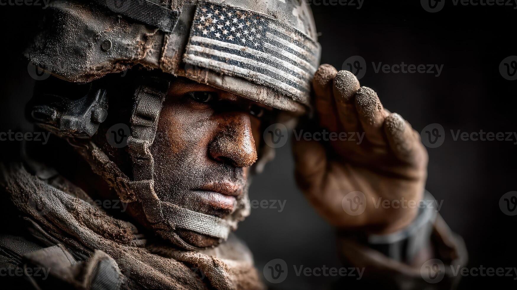 Soldier saluting with dusty uniform in a somber atmosphere during a military operation in rugged terrain photo