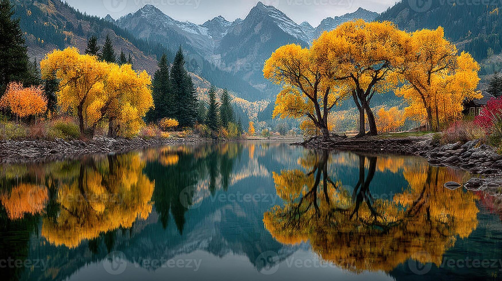 Majestic fall landscape showcasing golden trees and serene lake reflections in the mountains photo