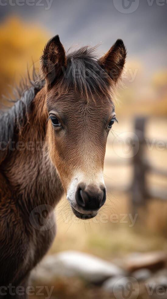Young horse gazes curiously at the camera in a serene autumn landscape near a wooden fence photo