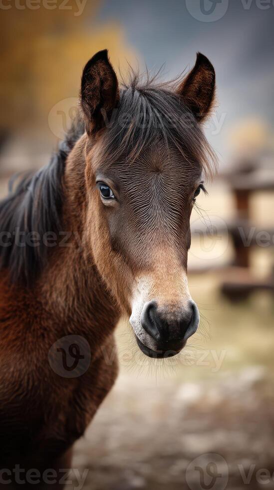 Brown horse with expressive eyes standing in a scenic pasture during autumn afternoon photo