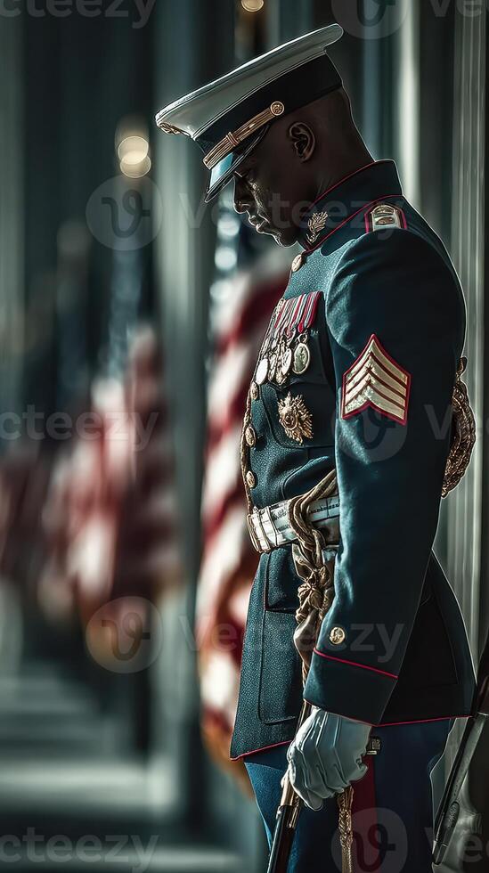 Soldier stands guard during solemn ceremony with flags in the background at historic location photo