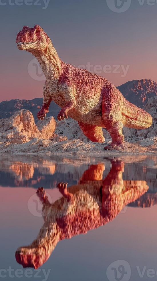 Dinosaur statue standing on rocky terrain with sunset reflections in tranquil water photo