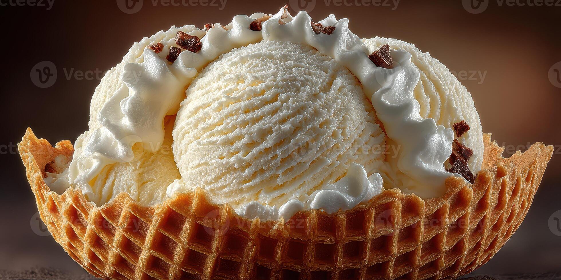 Enjoying a delicious scoop of vanilla ice cream topped with whipped cream in a waffle bowl during a summer evening photo
