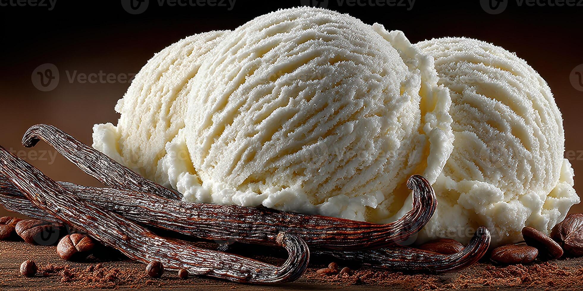 Creamy vanilla ice cream scoops with cocoa beans and vanilla pods arranged artistically on a rustic wooden table photo
