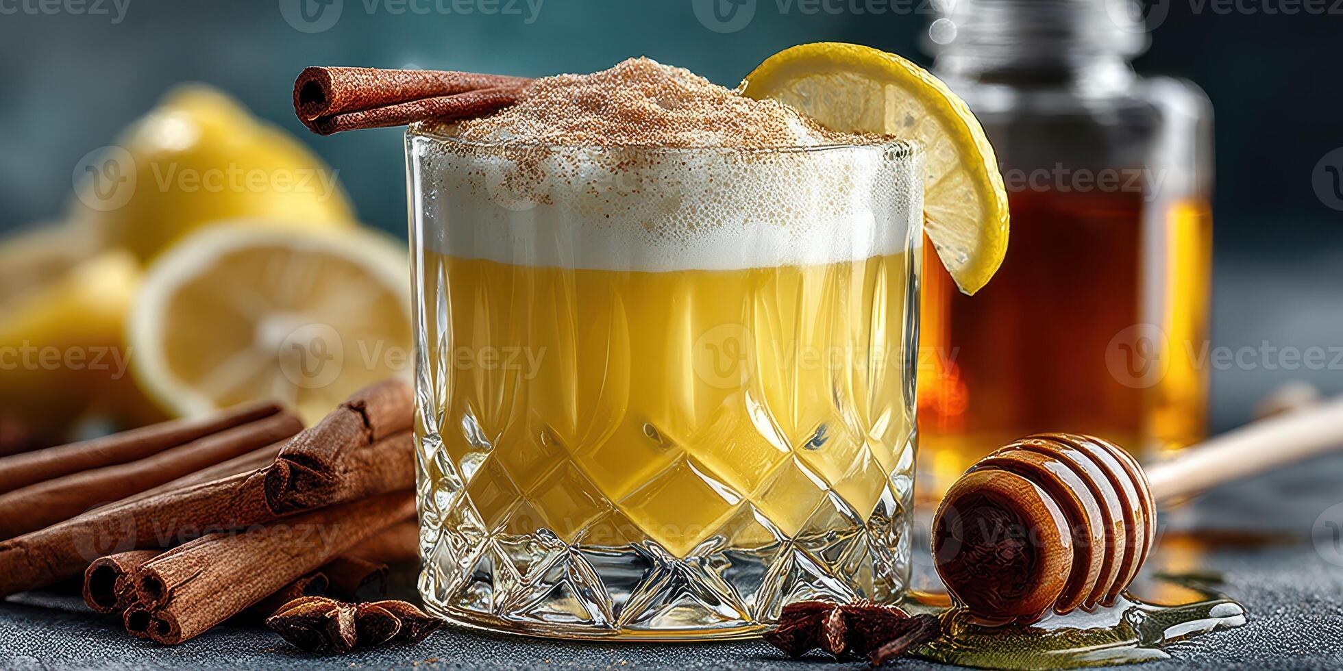 Refreshing citrus cocktail with honey, cinnamon, and lemon garnish served in a crystal glass photo