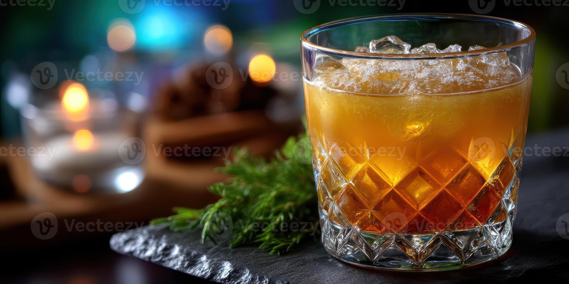 Refreshing cocktail served in an elegant glass with ice surrounded by soft candlelight decorations photo