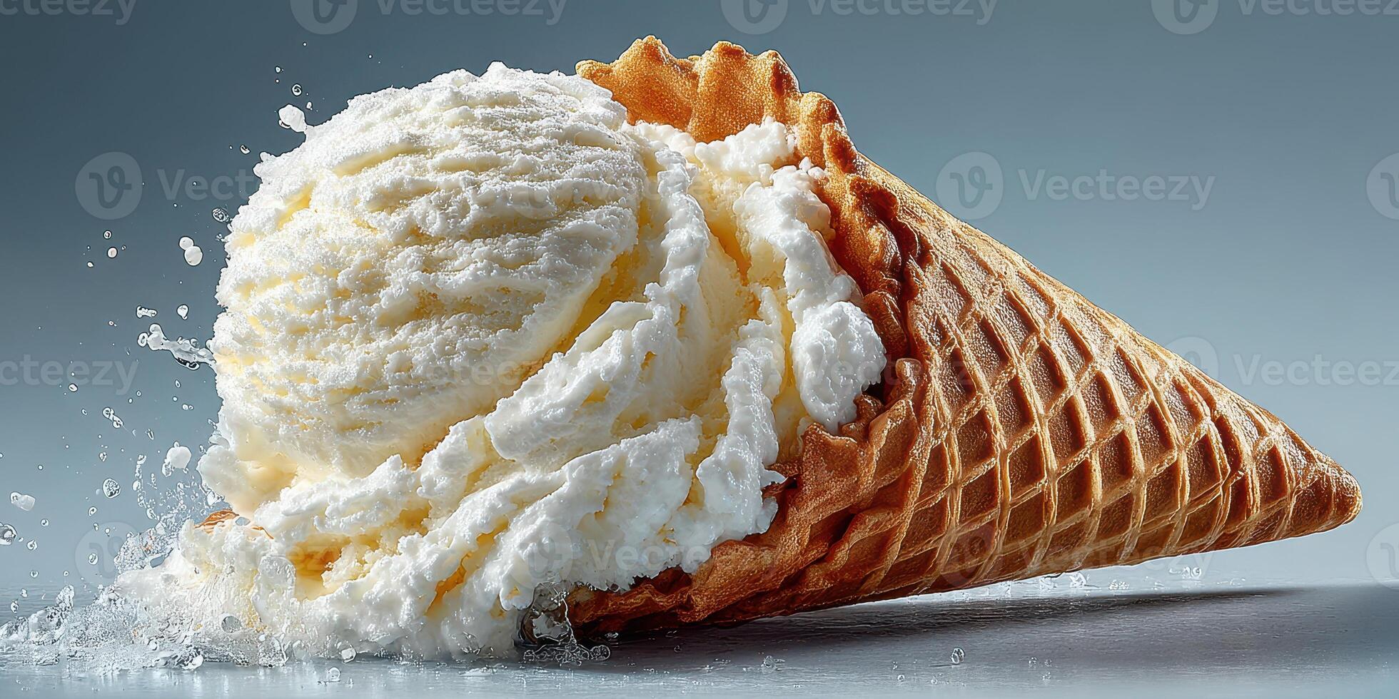 Delicious ice cream cone topped with creamy vanilla scoop in a summer setting photo