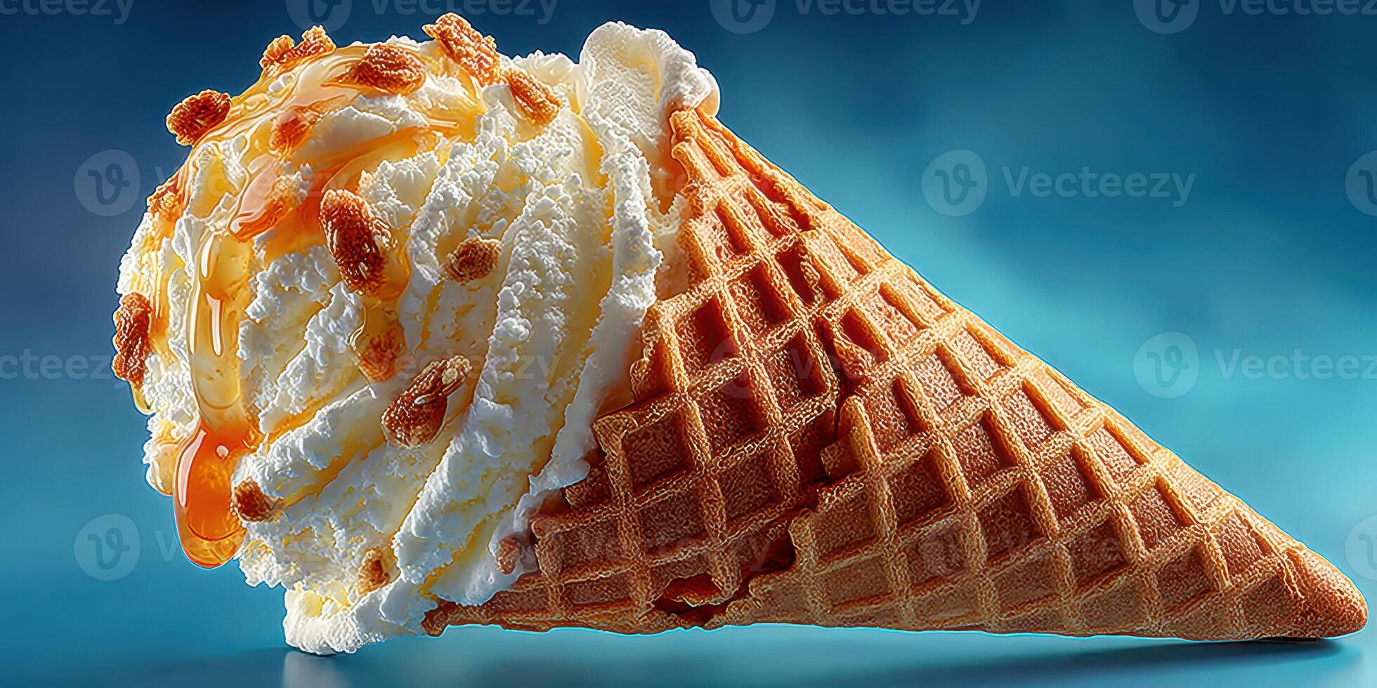 Delicious ice cream cone topped with whipped cream and caramel drizzle in a vibrant setting photo