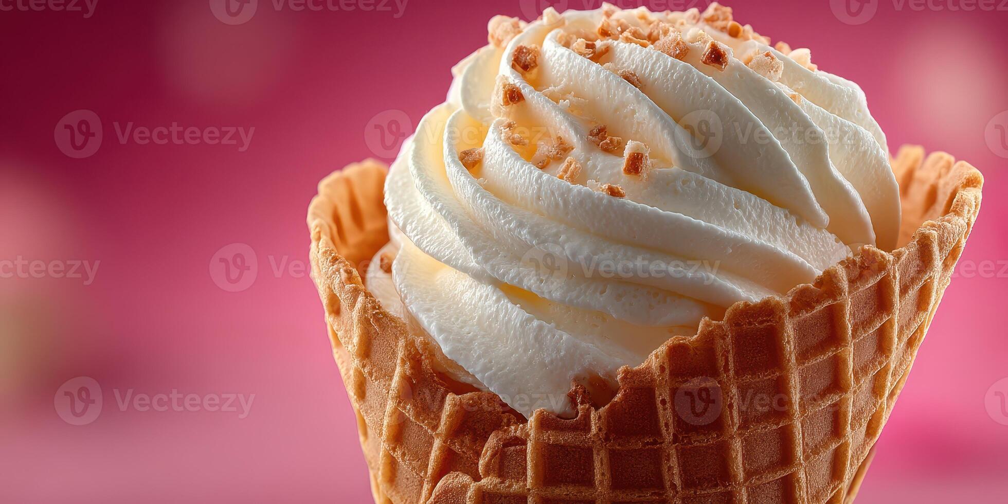 Delicious ice cream cone topped with whipped cream and crunchy sprinkles at a summer festival photo