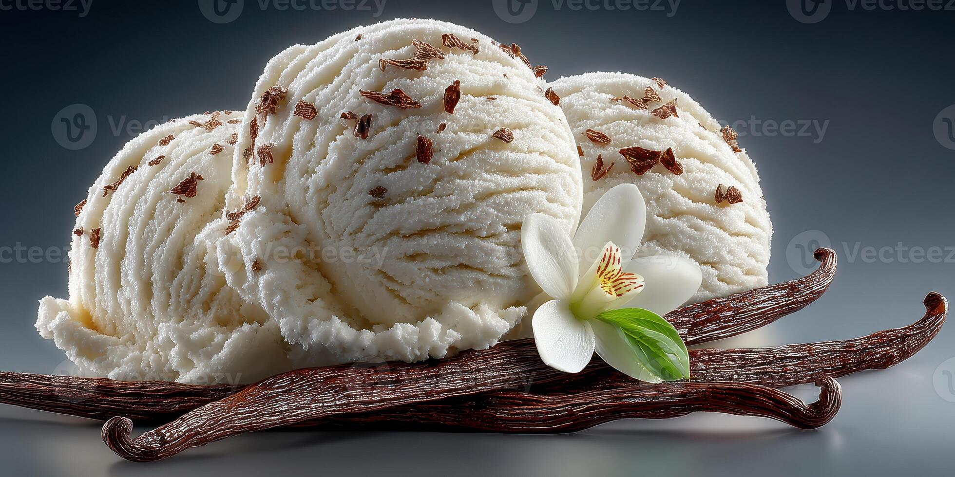 Delicious vanilla ice cream served with chocolate bits and garnished with a flower and vanilla pods photo