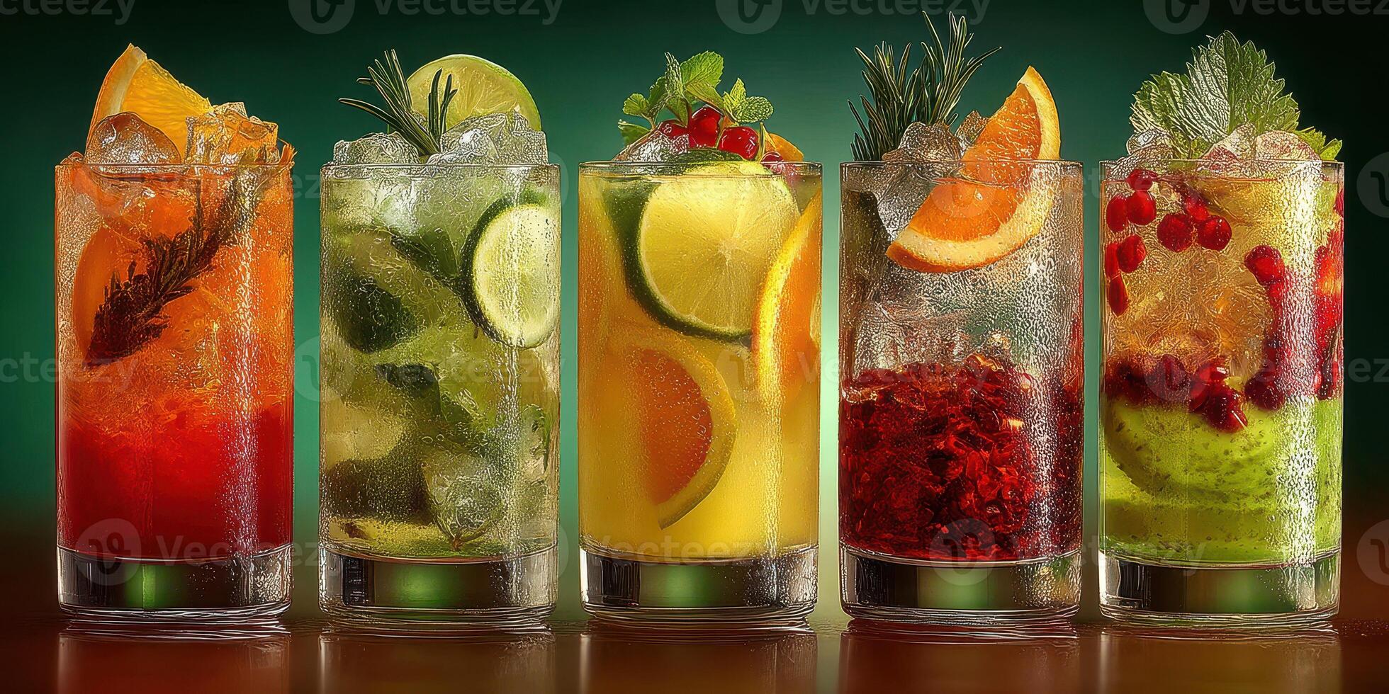 Colorful cocktails arranged in five glasses showcasing various fruits and herbs in a vibrant setting photo