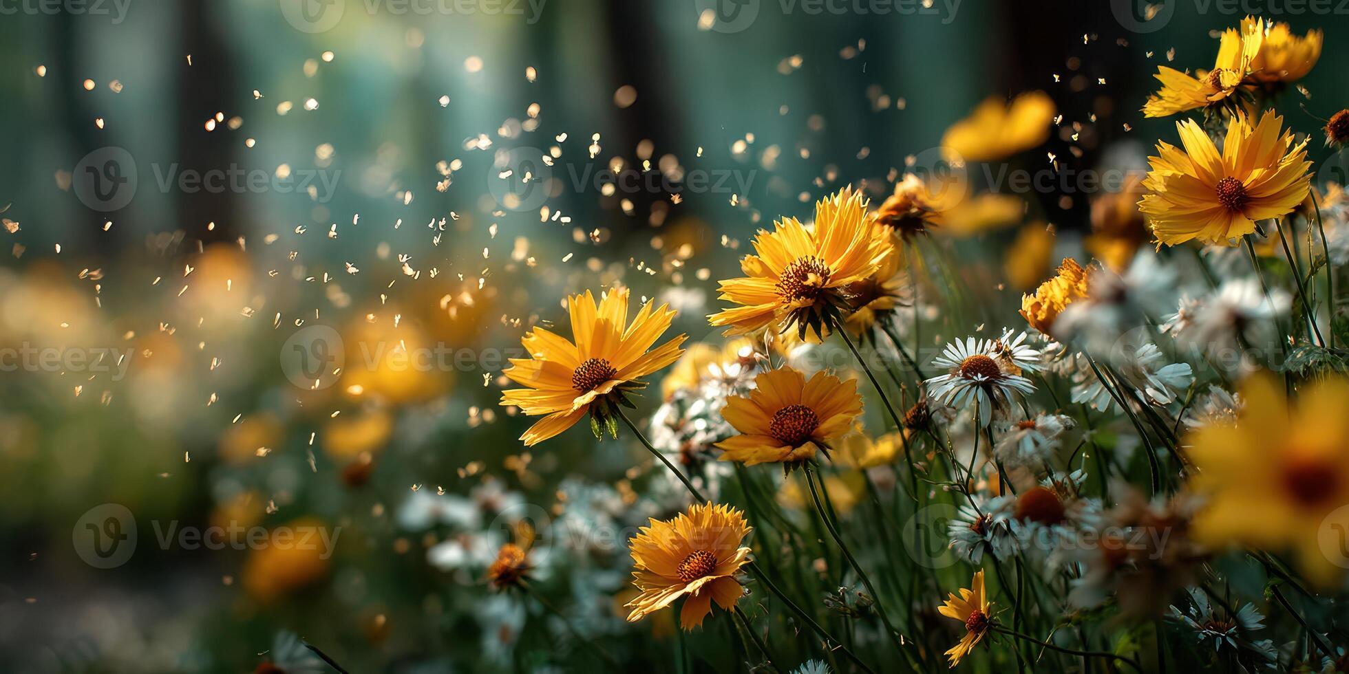 Vibrant wildflowers bloom in a serene forest clearing on a sunny afternoon, creating a lively atmosphere of nature photo
