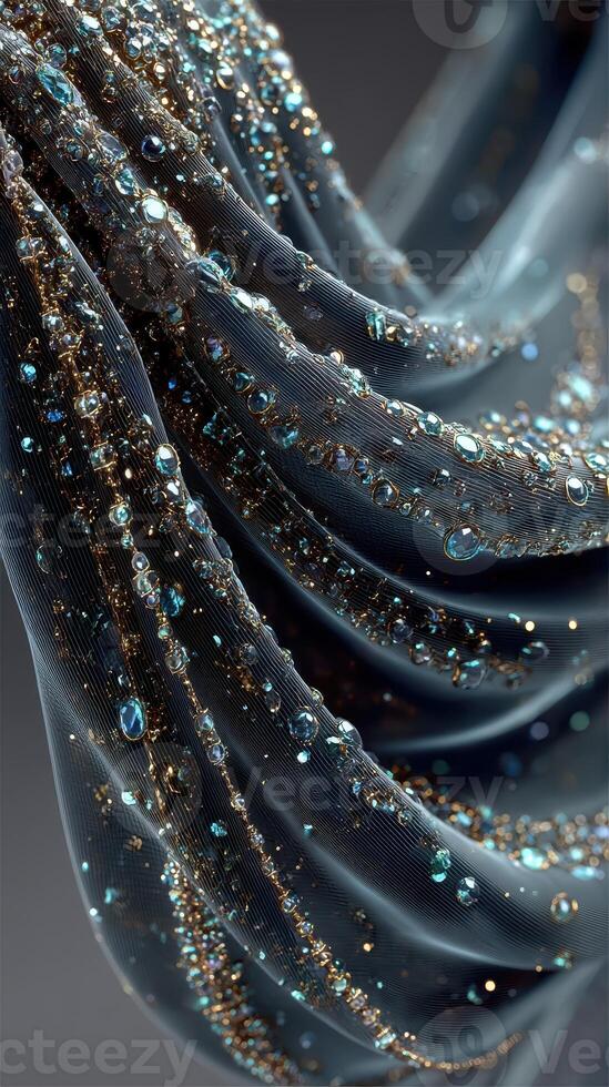 Elegant sheer fabric adorned with droplets, showcasing intricate detail and texture in a sophisticated setting photo