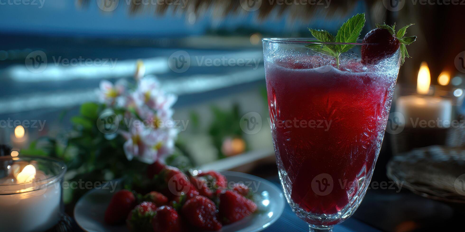 Refreshing drink garnished with mint and strawberries near the beach at twilight photo