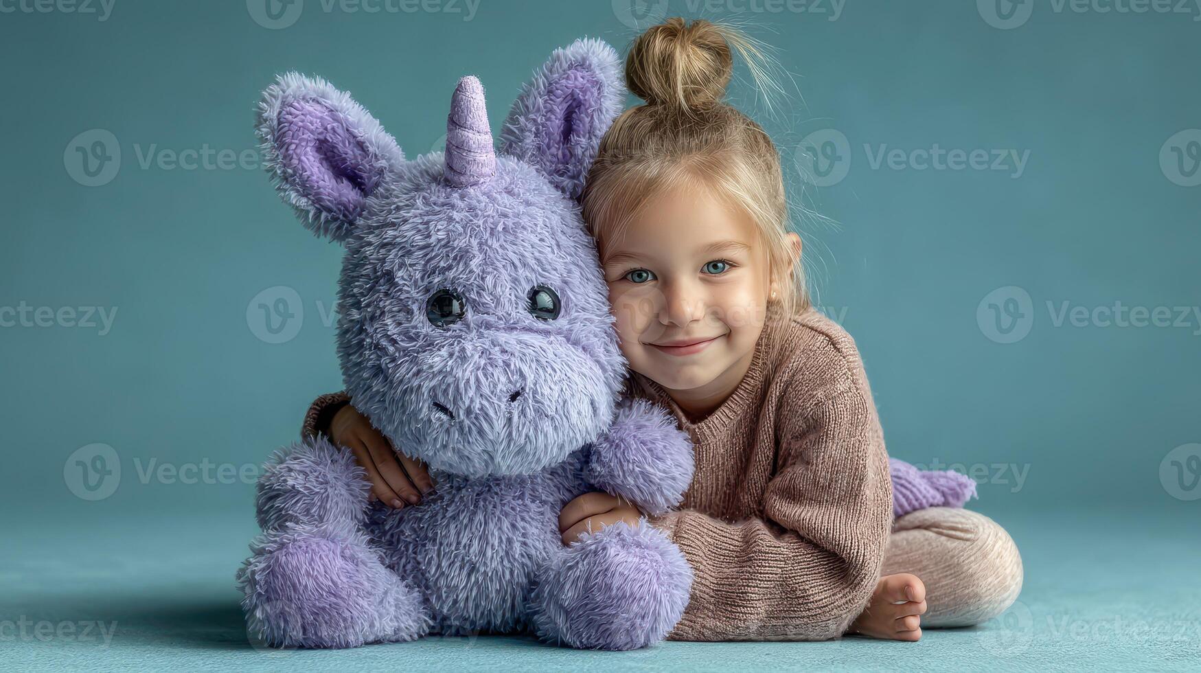 Child smiles while hugging soft purple unicorn toy against a blue background in a cozy indoor setting photo