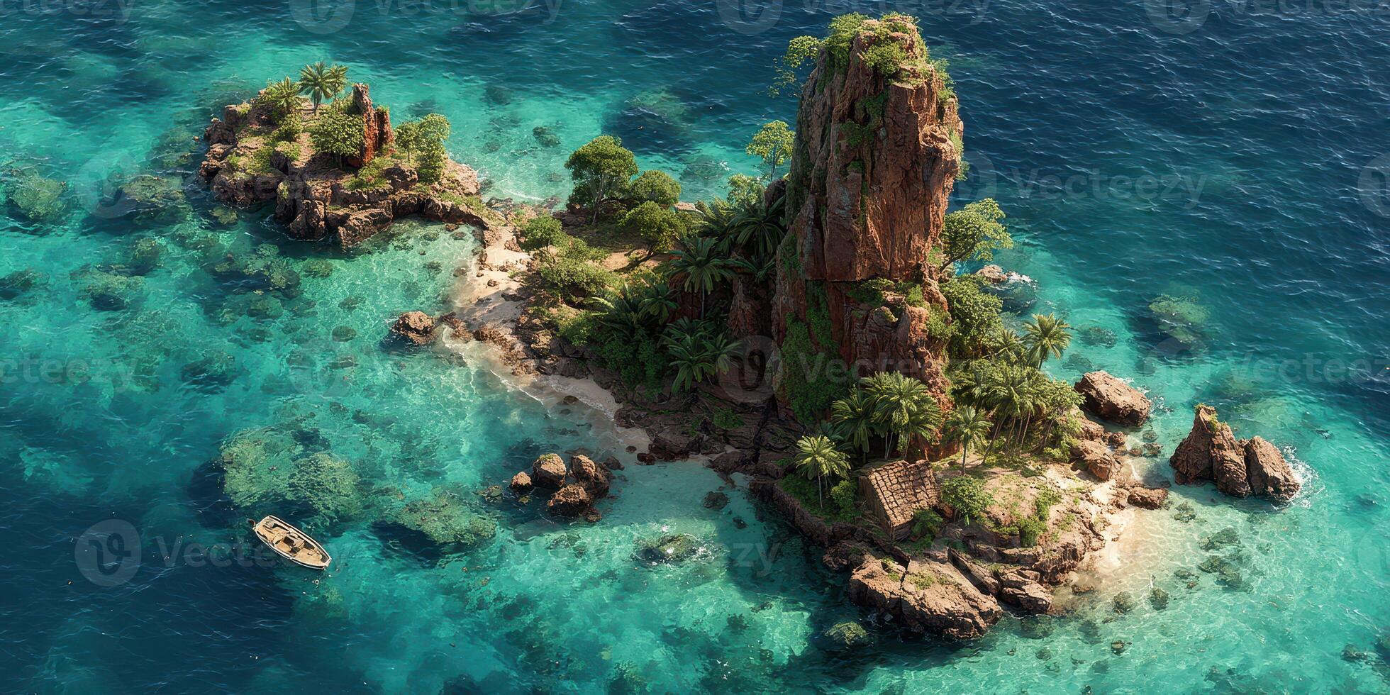 Exploring a tropical island with rocky formations and lush greenery surrounded by clear blue waters photo