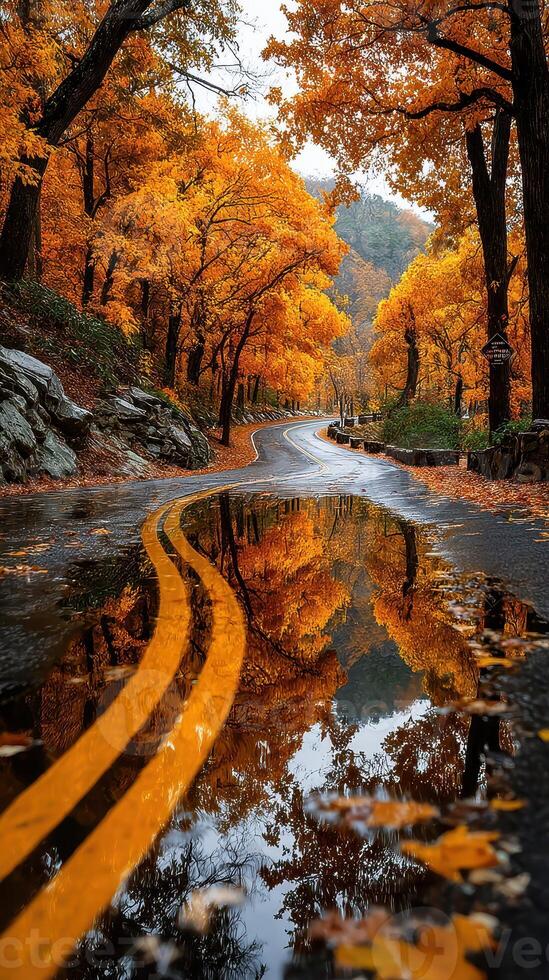 Beautiful autumn road with vibrant orange trees reflecting in puddles photo