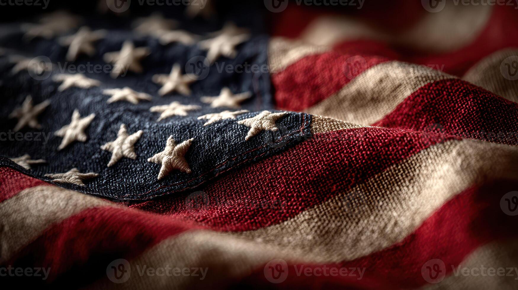 Close view of an American flag showcasing vibrant colors and intricate details in fabric during a patriotic celebration photo
