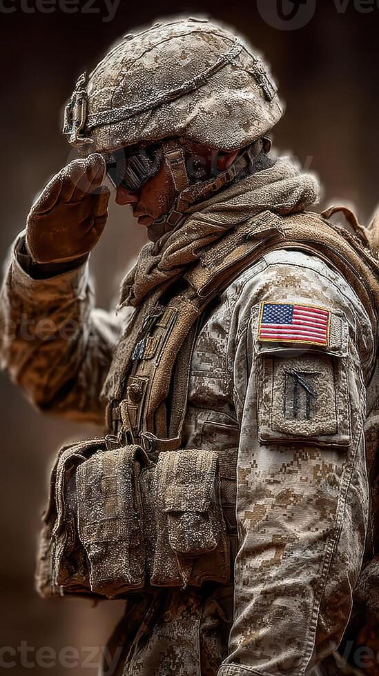 Soldier saluting during a ceremonial event at a military base in a desert environment in the early morning light photo