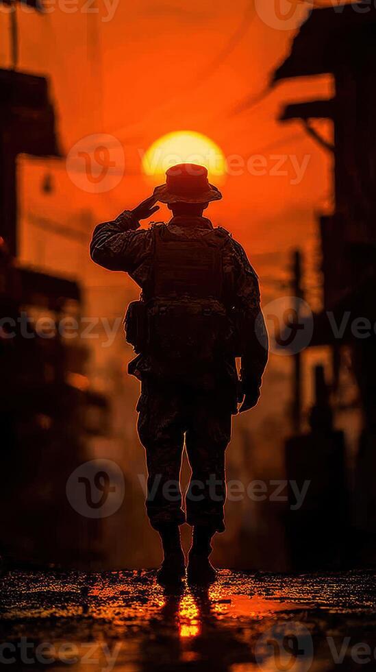 Soldier saluting at sunset in a quiet urban area, symbolizing respect and dedication photo