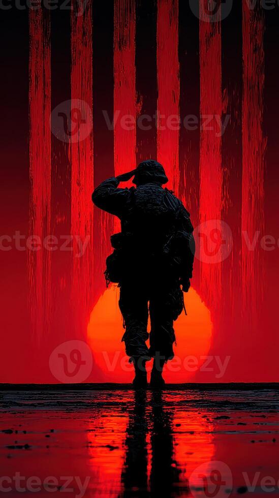 Soldier salutes against a striking sunset with red hues and silhouettes of vertical lines in the background photo
