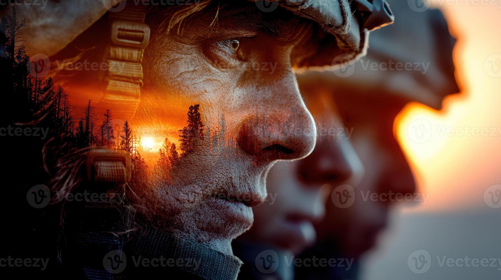 Soldiers in profile with sunset silhouette and forest background during a military training exercise at dusk photo