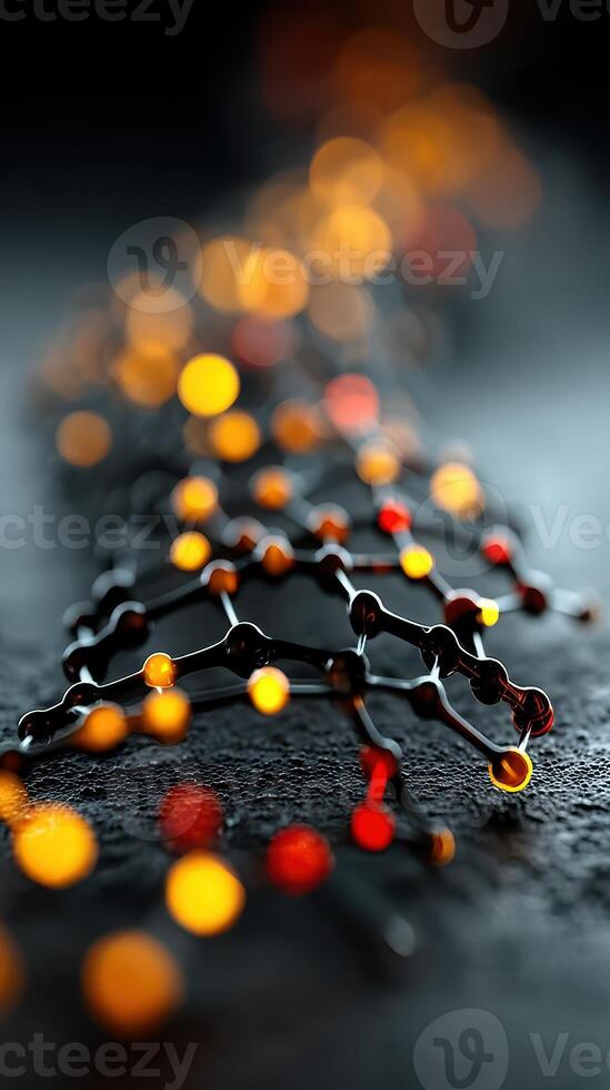 Close-up view of intricate molecular structure with vibrant glowing colors on a dark surface during nighttime photo