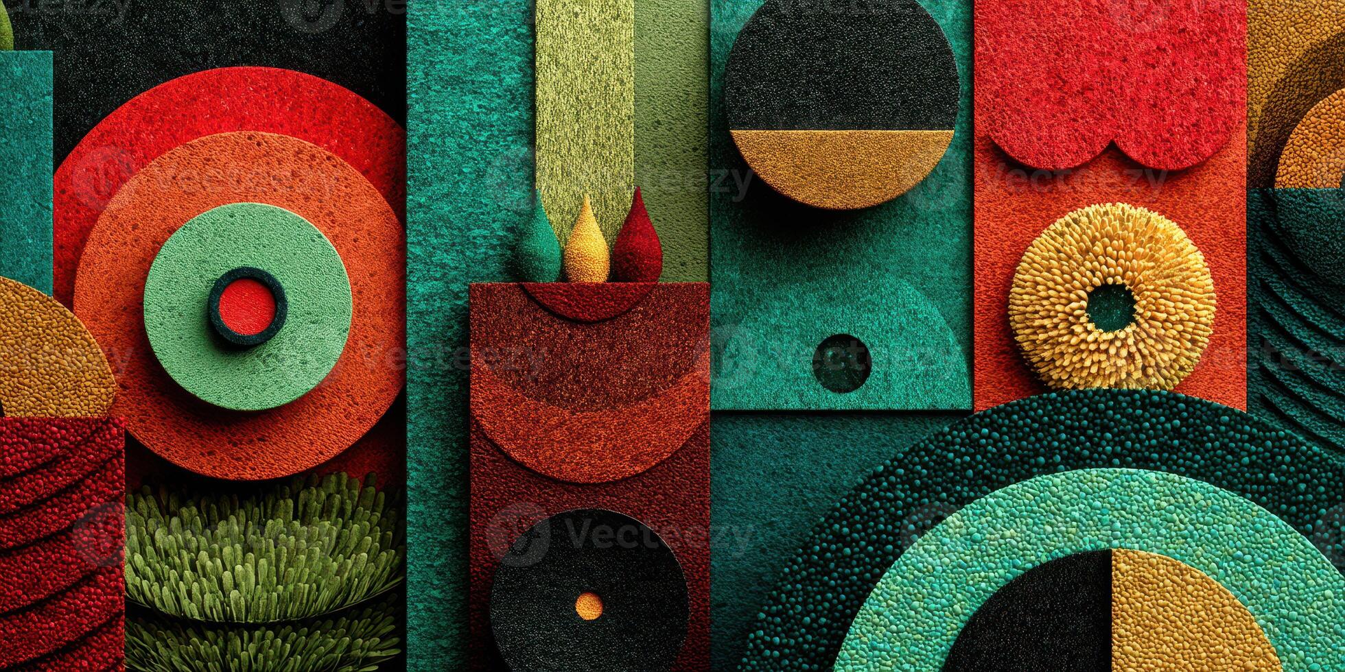 Colorful abstract art installation featuring various shapes and textures in vibrant hues photo