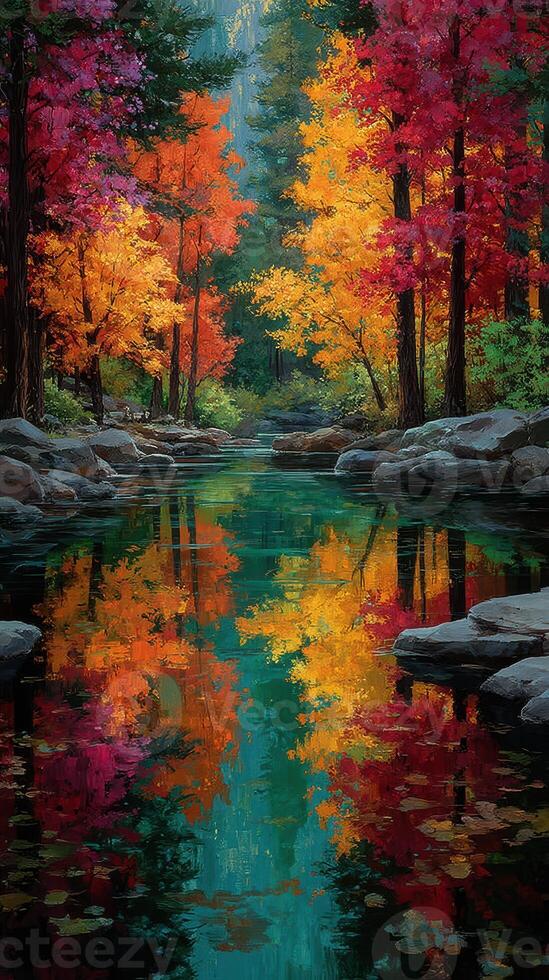 Vibrant autumn colors reflected in tranquil waters of a forest stream in a scenic landscape during early afternoon sunlight photo
