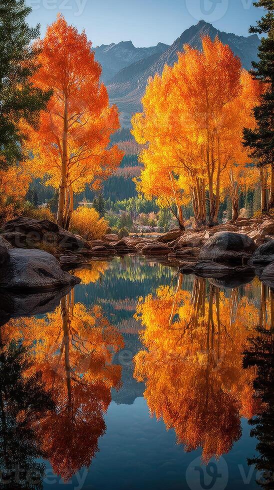 Majestic autumn landscape with vibrant orange trees reflecting in tranquil water under clear blue sky photo