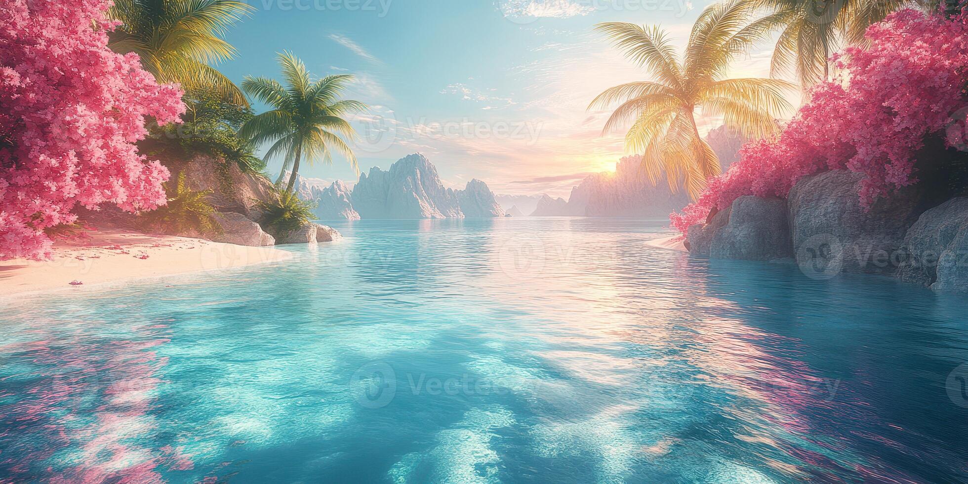 Serene tropical beach at sunset with pink flowers and clear blue water photo