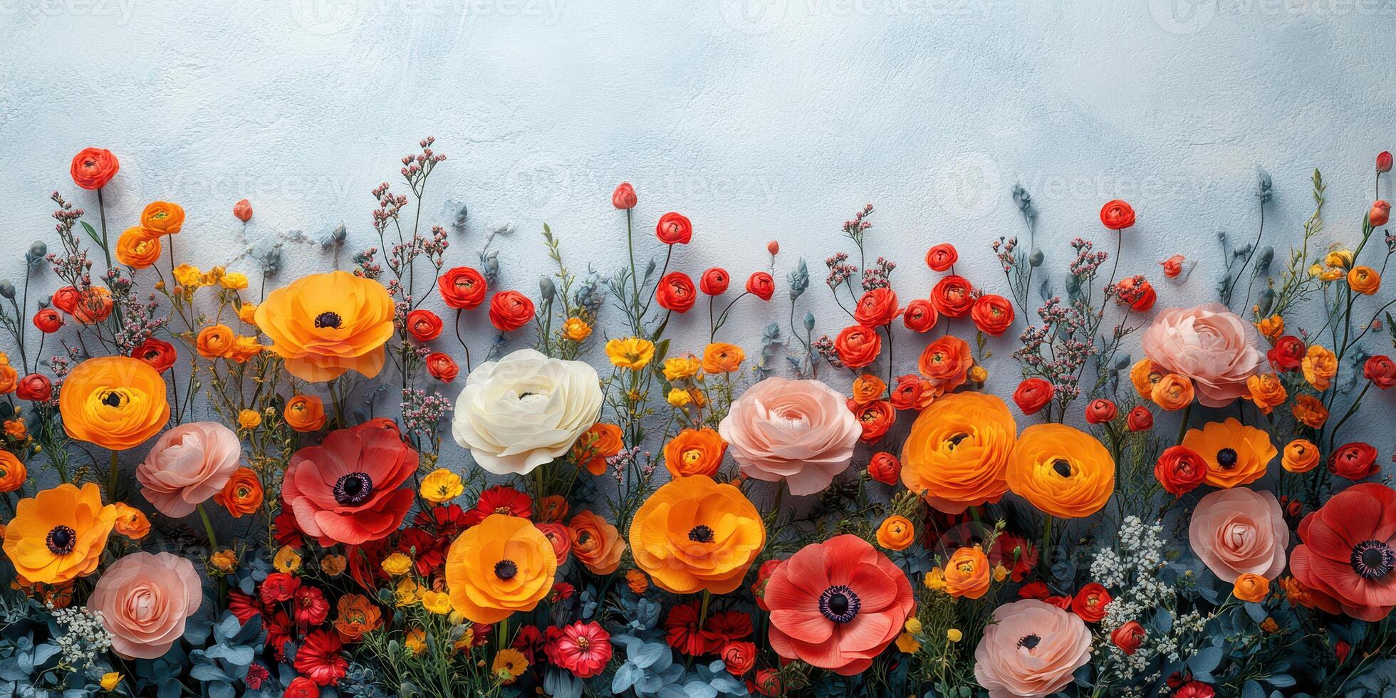 Vibrant spring flowers in a colorful display with various blossoms arranged beautifully on a textured backdrop photo