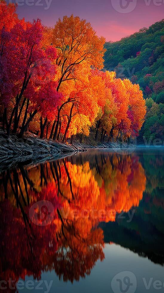 Vibrant autumn foliage reflects beautifully on tranquil water at sunset near a serene lakeside photo