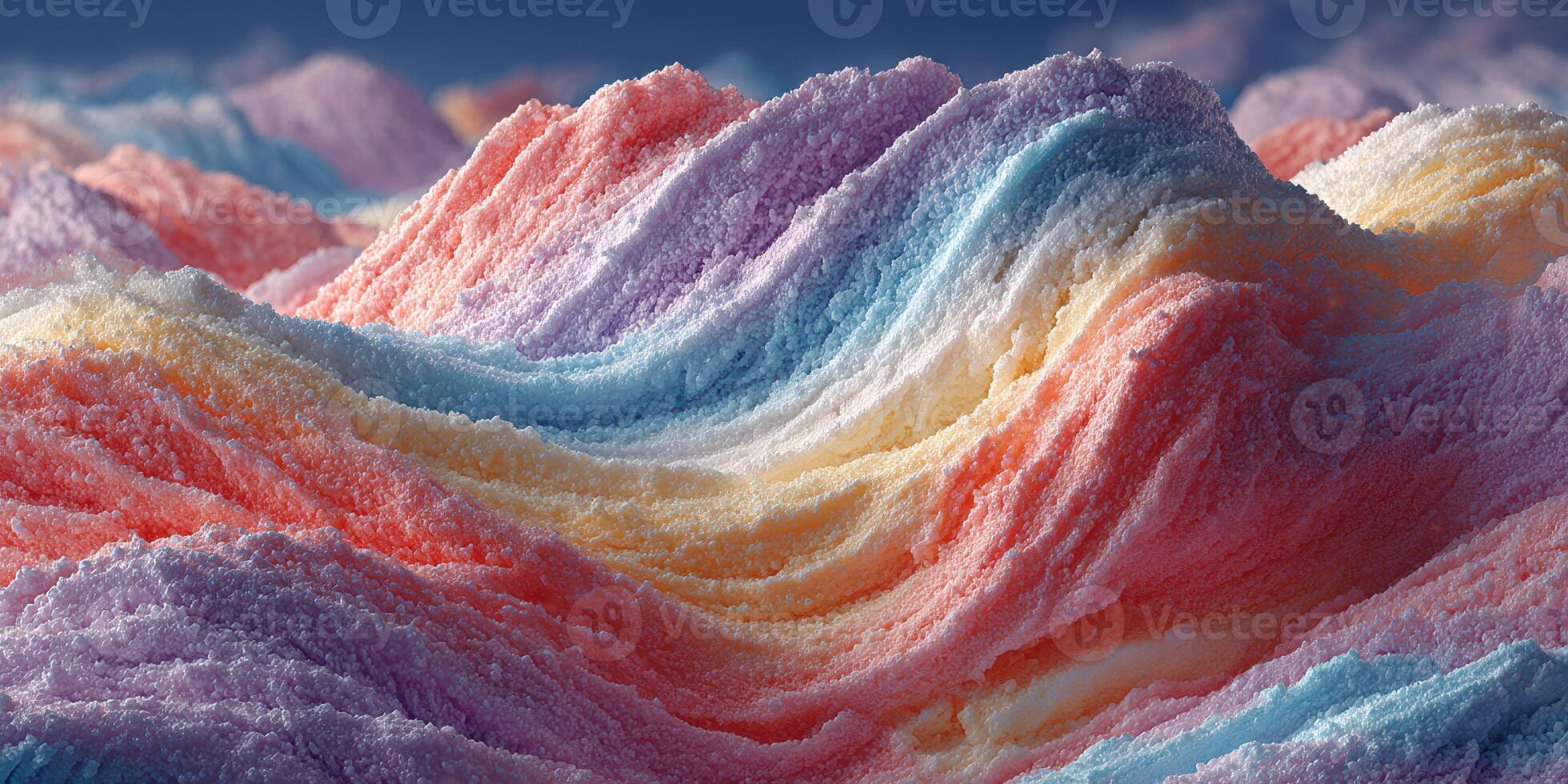 Colorful waves of sugar resemble a vibrant landscape during sunset, showcasing layers of pastel shades in a creative, abstract form photo