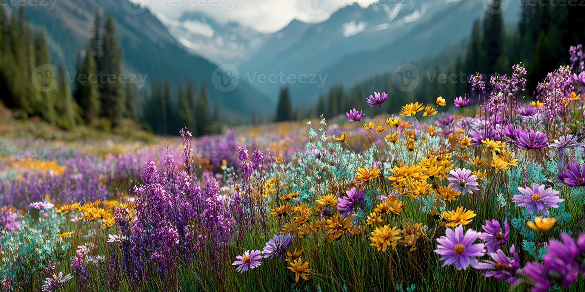Stunning wildflower meadow comes alive with vibrant colors in a serene mountain landscape during spring photo