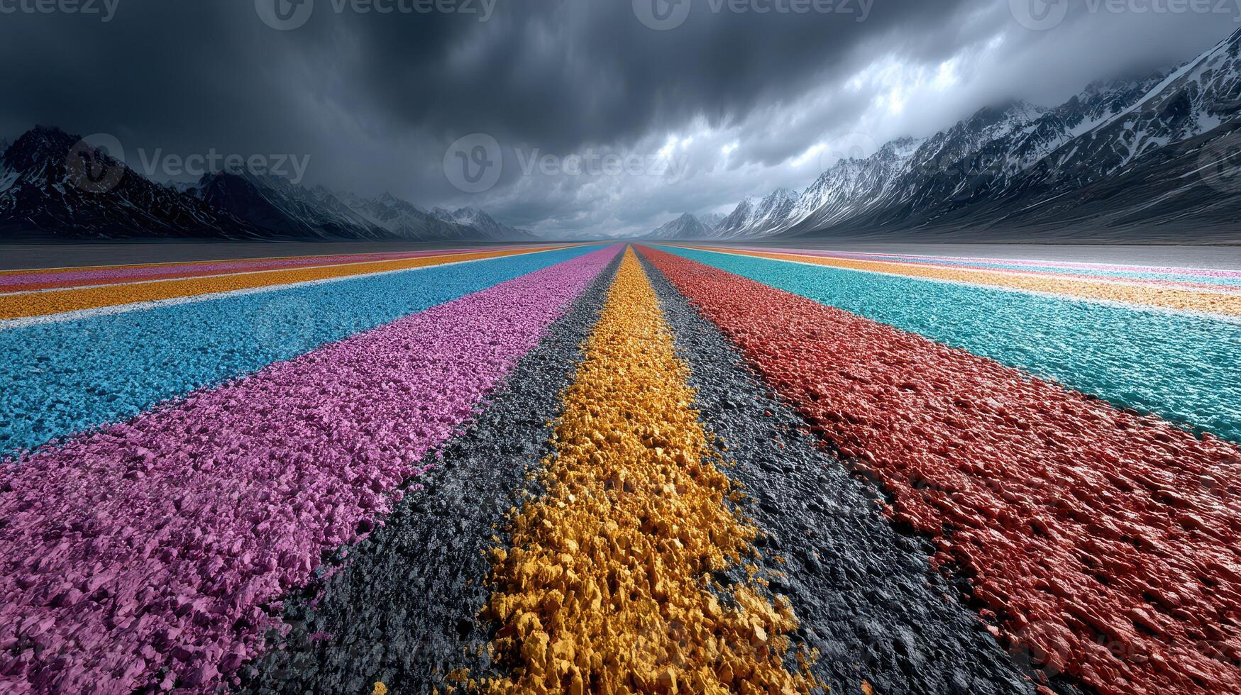 Colorful striped landscape stretches across the barren terrain under an overcast sky with dark mountains in the background photo