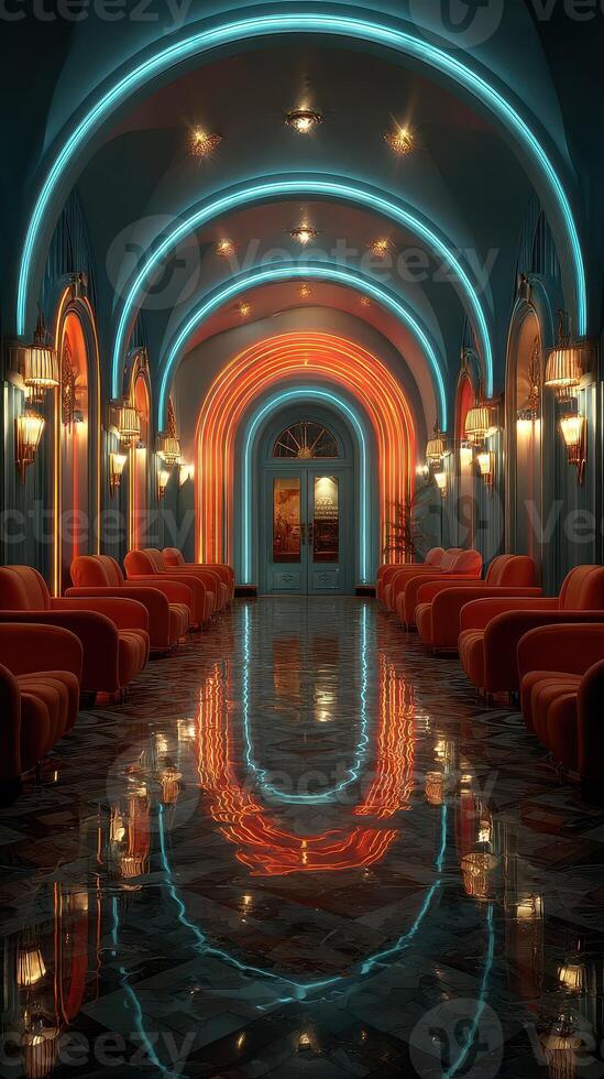 Stunning illuminated corridor with vibrant blue and orange lights showcasing elegant seating in a luxurious interior space photo