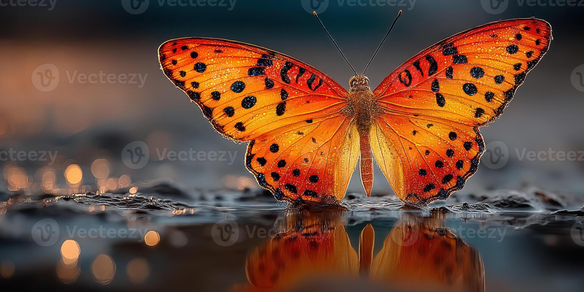 Bright orange butterfly with striking patterns perched on water during golden hour at a serene location photo