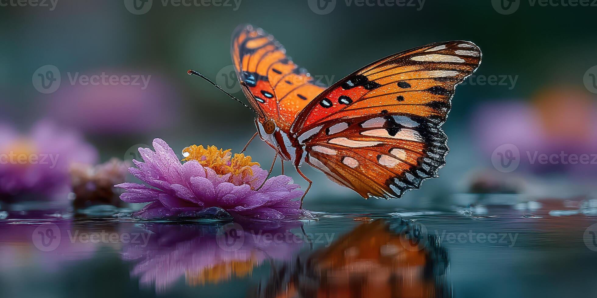 Colorful butterfly perched on blooming flower in tranquil water setting during sunny day photo