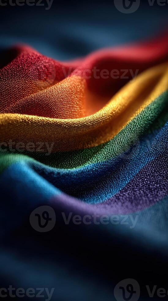 Vibrant fabric showcasing rainbow colors with smooth waves and intricate textures in soft lighting photo