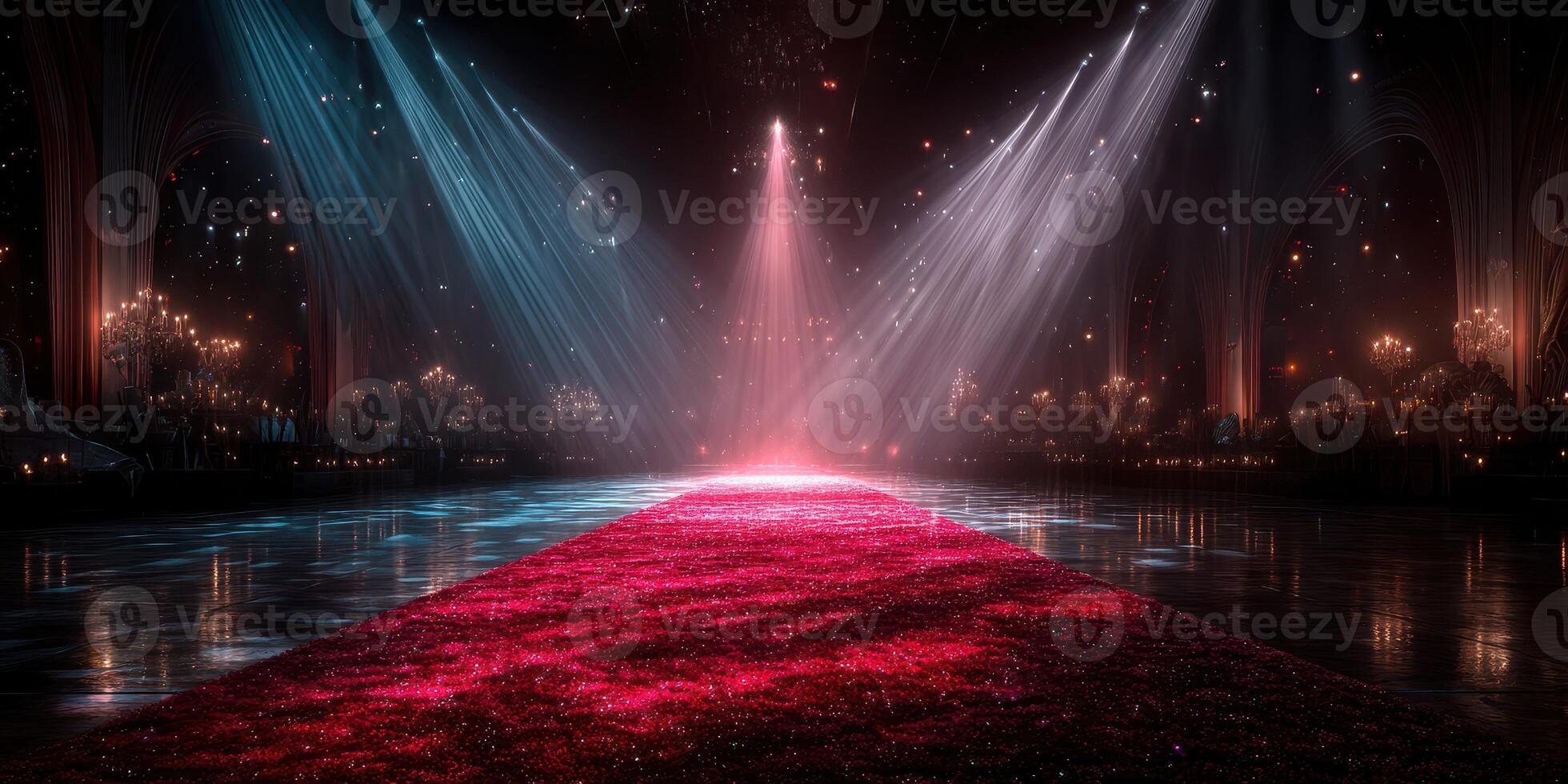 Elegant stage setup features a glowing red carpet surrounded by dramatic lighting in a luxurious venue at night photo