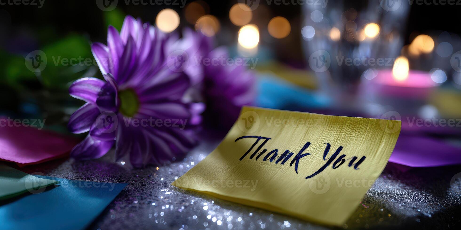 Colorful thank you note surrounded by flowers and candles at a festive gathering in the evening photo