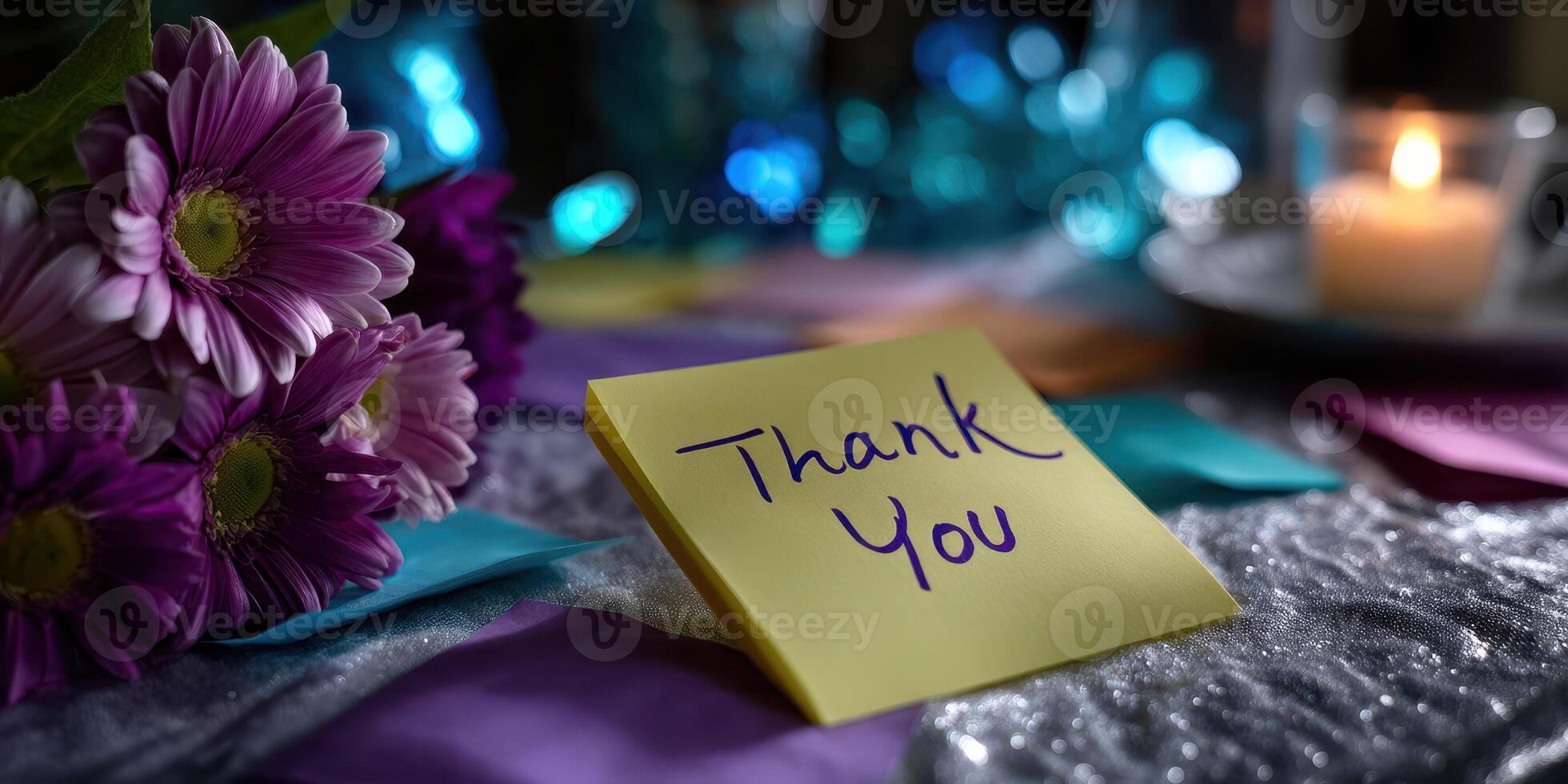 Thoughtful gratitude note with flowers and candle setting in a warm atmosphere during an evening gathering photo