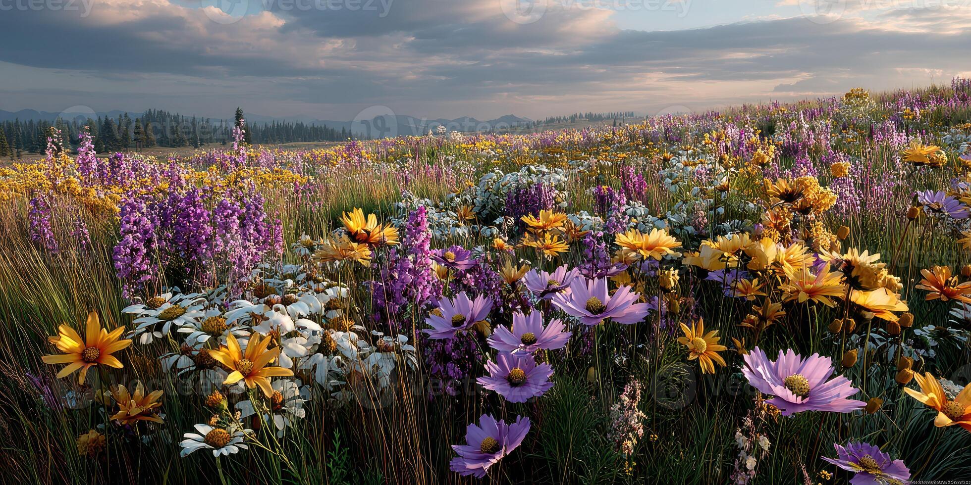 Vibrant wildflower meadow under a cloudy sky in the afternoon light with various colorful blossoms photo