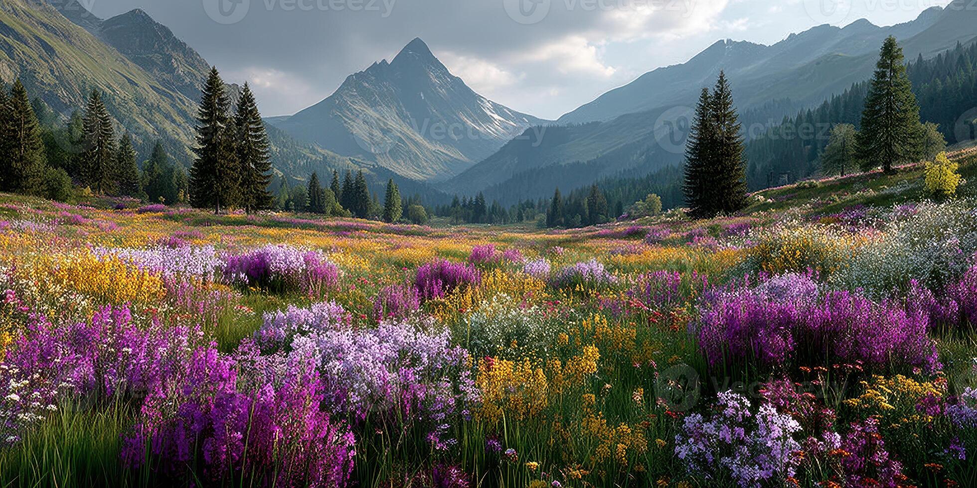 Vibrant wildflower meadow in the mountains during a sunny day with scattered clouds photo
