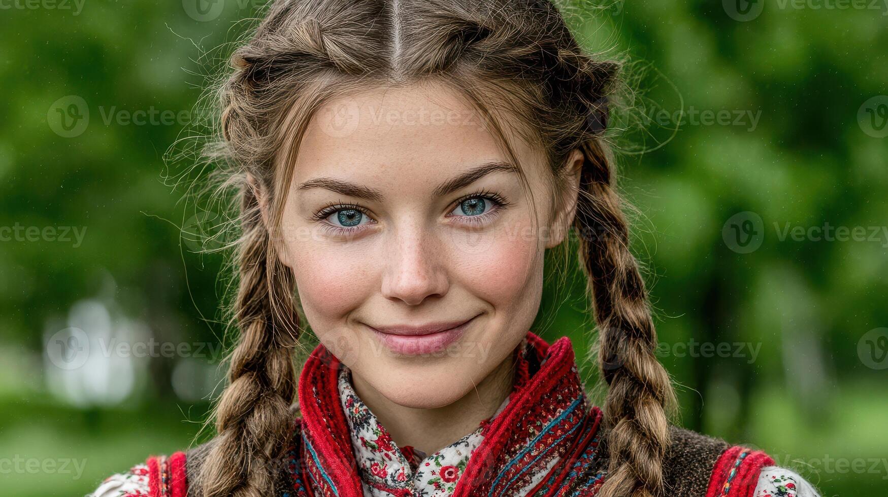 Portrait of a young woman with braided hair smiling warmly in traditional attire surrounded by lush greenery photo