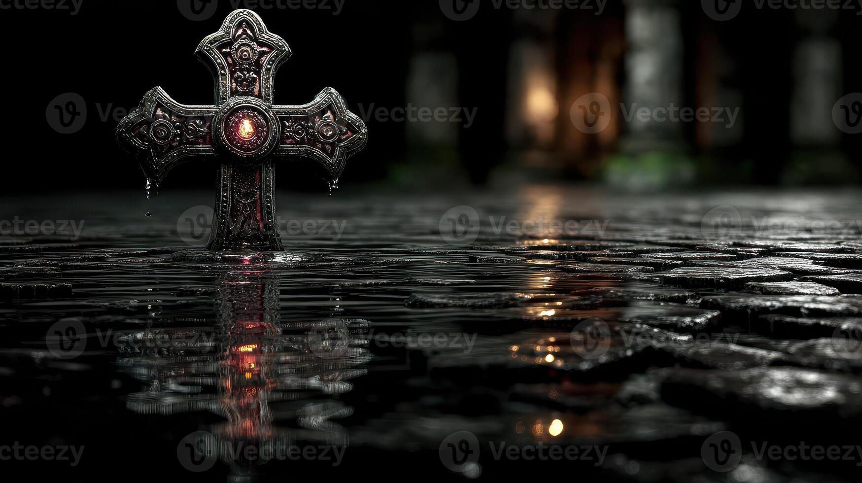 Dark and reflective graveyard scene featuring a detailed cross among puddles at twilight photo