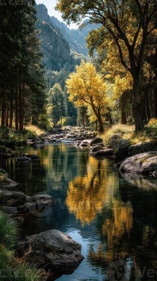Autumn reflections on a tranquil river surrounded by colorful trees in a serene mountainous landscape photo